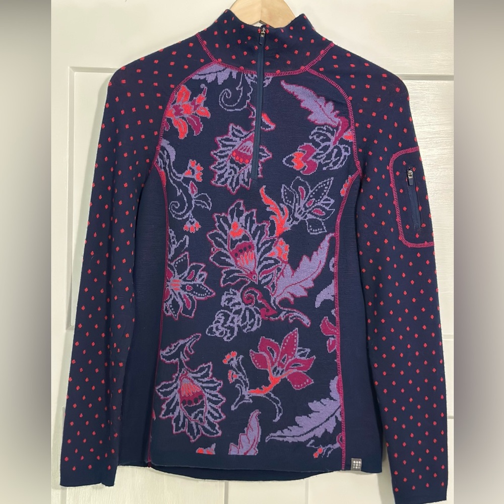 Title Nine Women’s Sweater, Size Small, Merino Wool, Floral & Polka-Dot Pattern